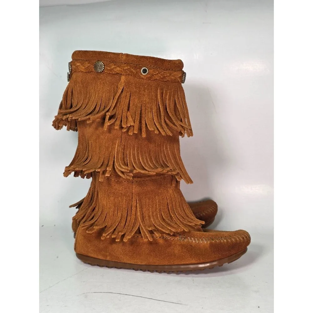 Minnetonka Three Layer Fringe Boots Girls Size 1 Brown Suede Mid Calf Western